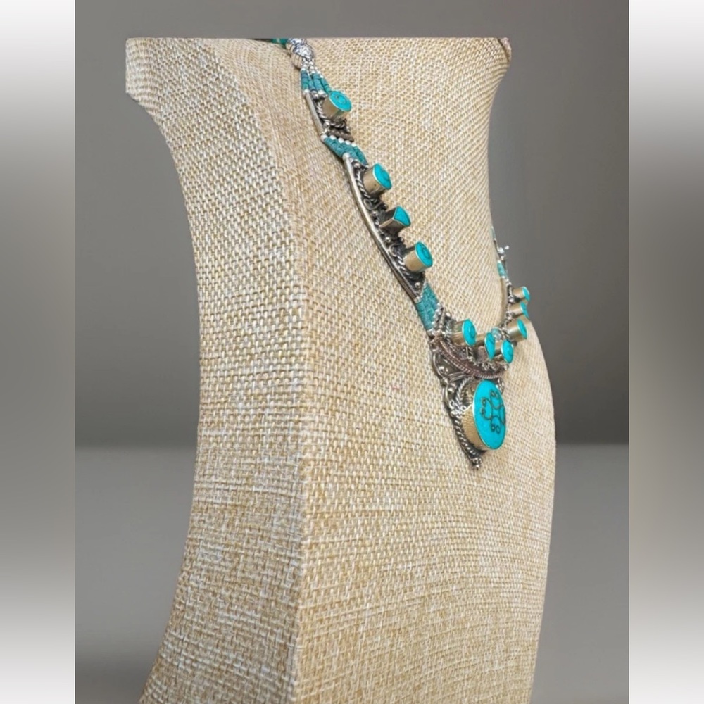Handcrafted Ethnic Tribal Style Necklace Inlay Turquoise Set In Silver 124grams - Picture 4 of 7